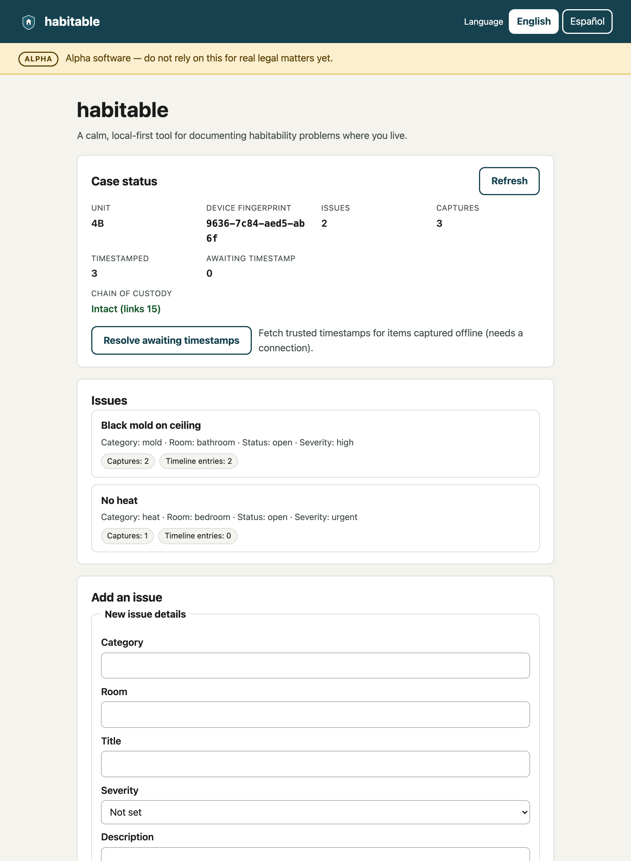 The habitable local web app showing case status, issues, and an add-issue form
