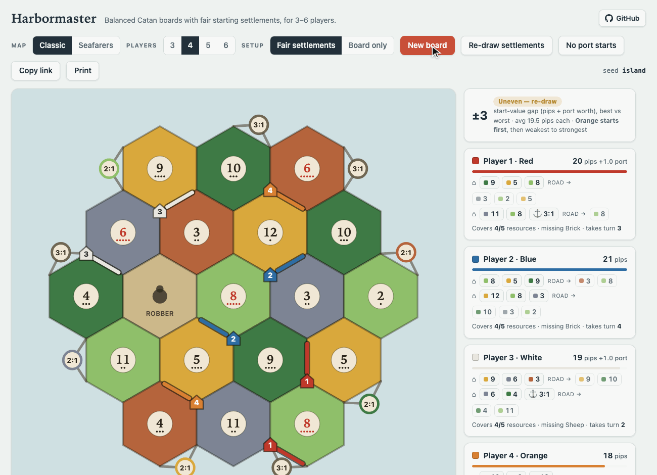 Clicking New board repeatedly generates fresh, balanced 6-player Catan boards, each with fair per-player starting settlements and a balanced-start readout