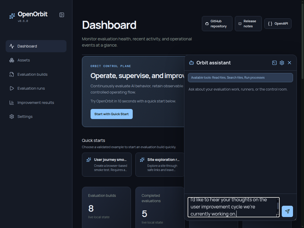 OpenOrbit Chat Assistant asking what to improve next for a build