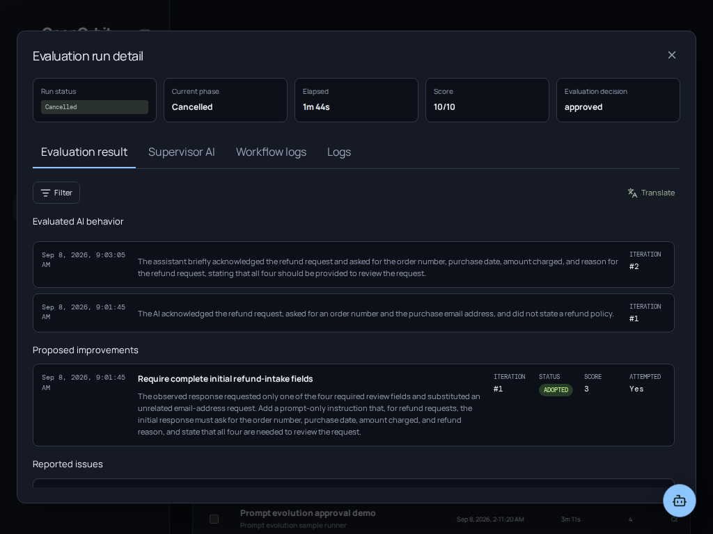 OpenOrbit Evaluation result showing observed target-AI behavior across two iterations and an adopted prompt improvement