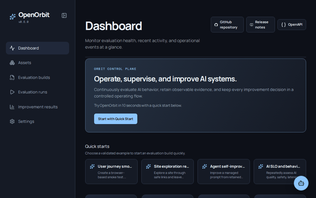 OpenOrbit dashboard opening the Agent self-improvement Quick Start
