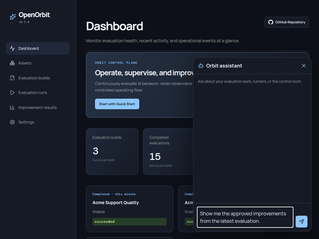 OpenOrbit Chat Assistant asking what to improve next for an evaluation build